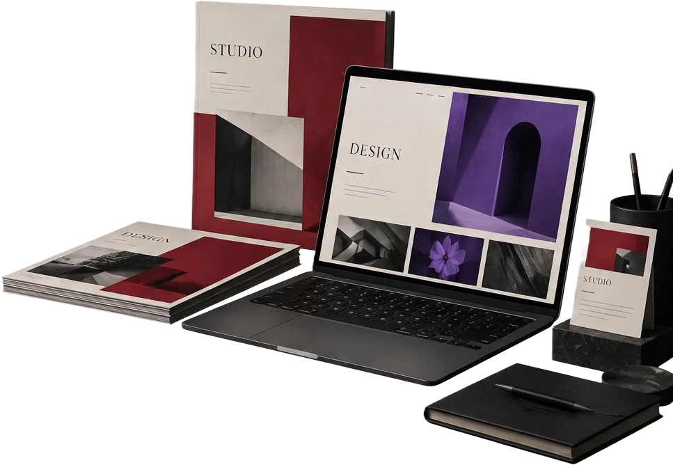 Illustrative concept of printed identity layouts, a website and an email signature